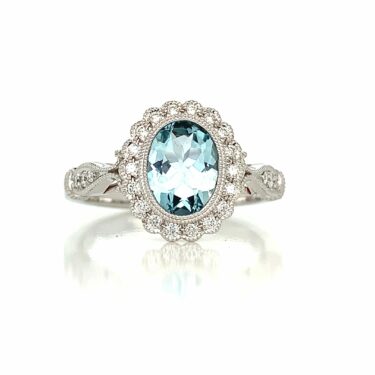 9CT White Gold Aquamarine Diamond Halo Ring