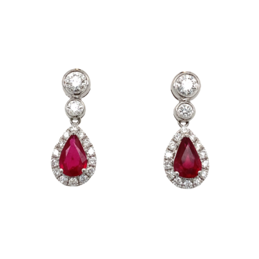 18CT White Gold Ruby and Diamond Pear Halo Earrings