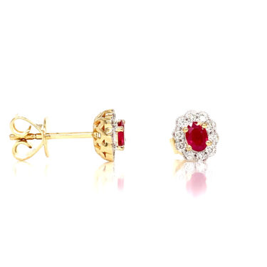 18CT Yellow Gold Ruby and Diamond Halo Studs